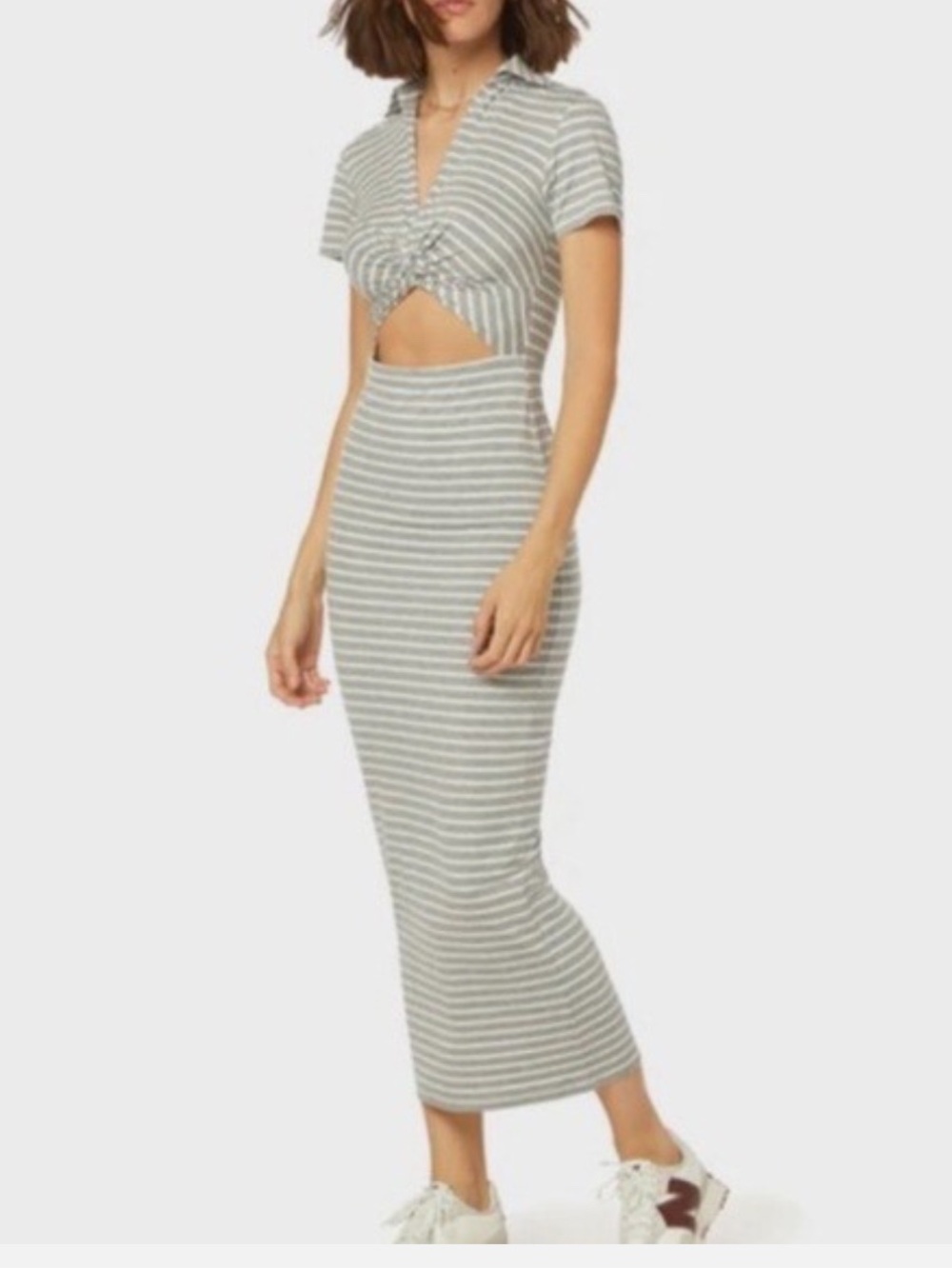 Favorite Daughter Striped Cut Out Midi Dress Gray White Collared Stretch Medium